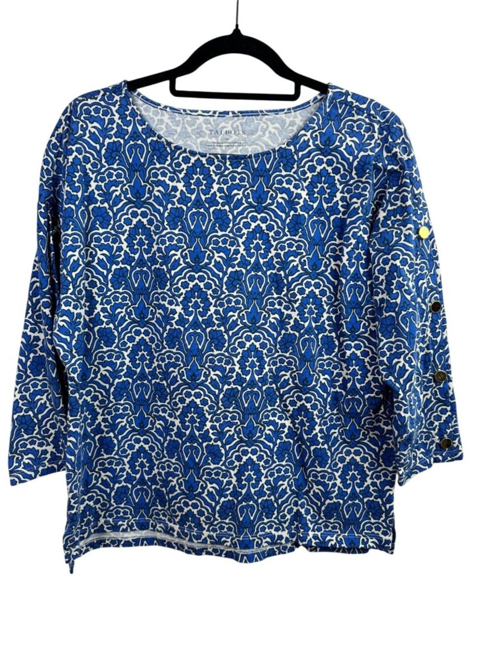 Talbots Blue White Floral Print 3/4 Sleeve Cotton Top Women Size Medium Boho